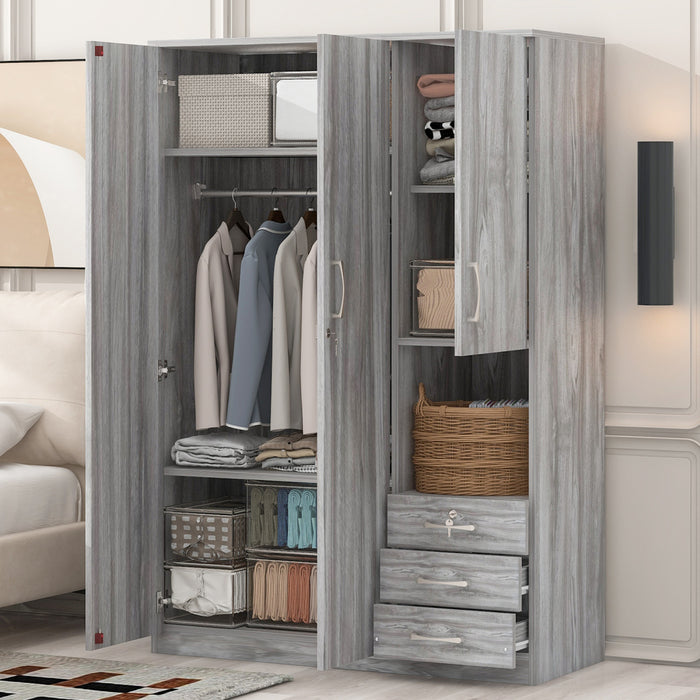 Lydia 47.2\" 2-doors Wooden Wardrobe Storage With Shelves And 3 Drawers, Grey