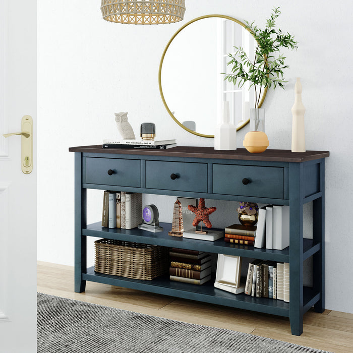 Wendy Solid Wood Console Table With 3 Drawers And 2 Open Shelves,navy Blue Accent Cabinet