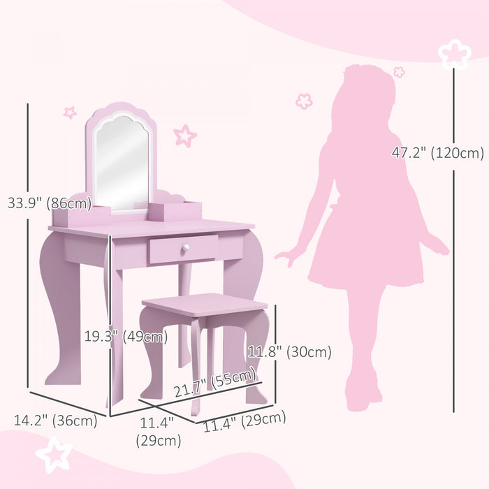 Qaba Kids Vanity Set With Mirror And Stool, Makeup Vanity Table For Children 3-6 Years Old, With Drawer Storage Boxes, Cloud-design