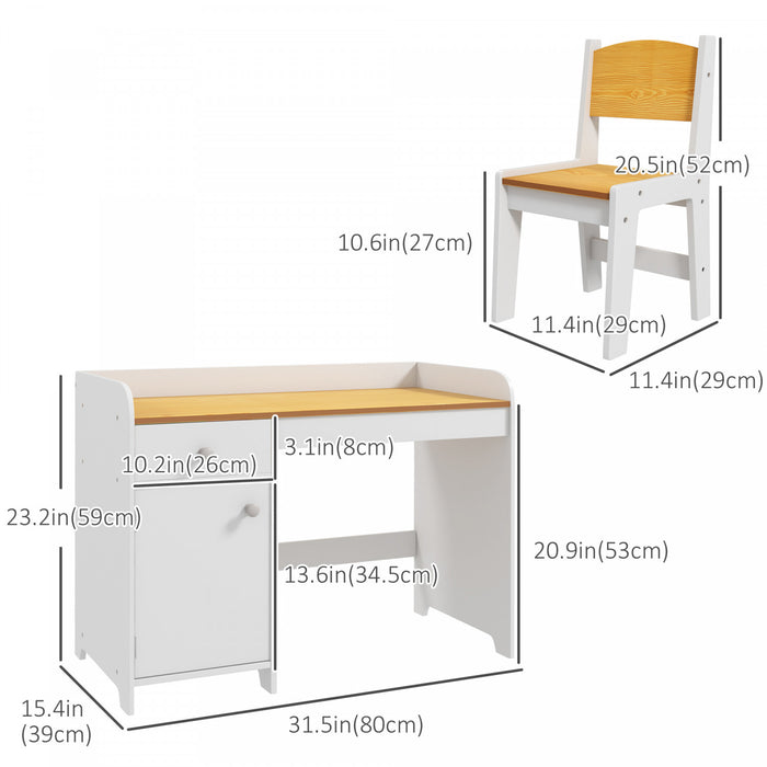 Qaba Kids Desk And Chair Set For 3-6 Year Old With Storage Drawer, Study Table And Chair For Children, White