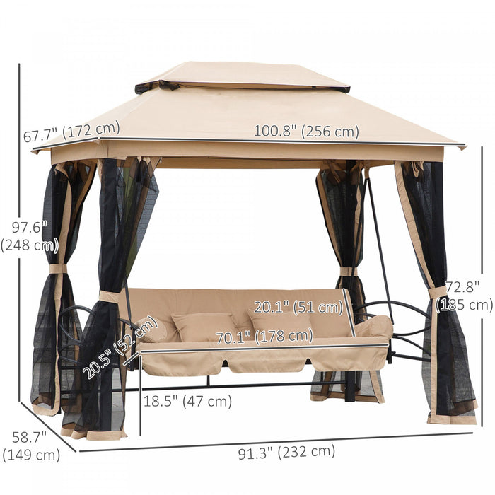 Outsunny 3 Person Outdoor Patio Daybed 3 In 1 Canopy Gazebo Swing Chair Garden Hammock With Mesh Mosquito Net And Sun Shade, Beige