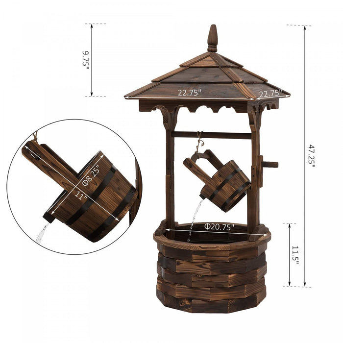 Outdoor Wooden Wishing Well Fountain With Hanging Barrel, 47.25\" Tall Rustic Waterfall Fountain With Electric Pump, Stained Wood