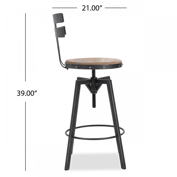 Denise Bar Stool With Swievl & Adjustable Wood Seat, Metal Frame - Antique Black
