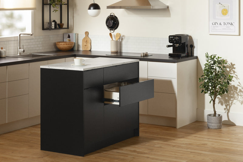 Olio Kitchen Island With Door And Drawers - Matte Black And Faux White Marble