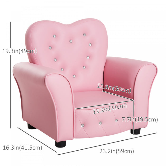 Qaba Kids Sofa Chair, Wooden Frame Upholstered Toddler Couch, Princess Armchair For Kids 18-36 Months, Playroom, Bedroom, Pink