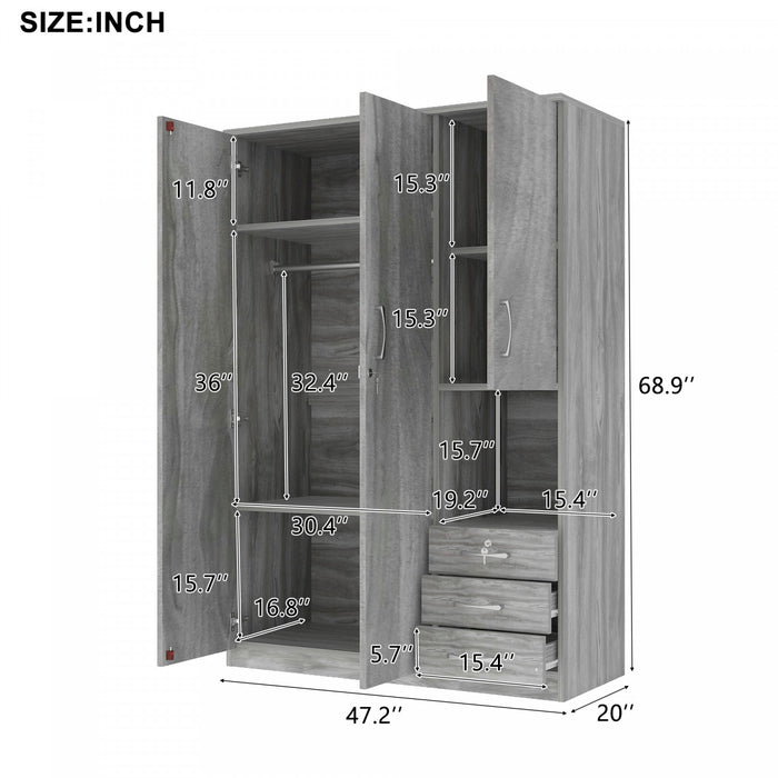 Lydia 47.2\" 2-doors Wooden Wardrobe Storage With Shelves And 3 Drawers, Grey