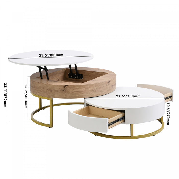 Sherry 31.5\" Round Engineered Wood Lift-top Nesting Coffee Table With Drawers, White