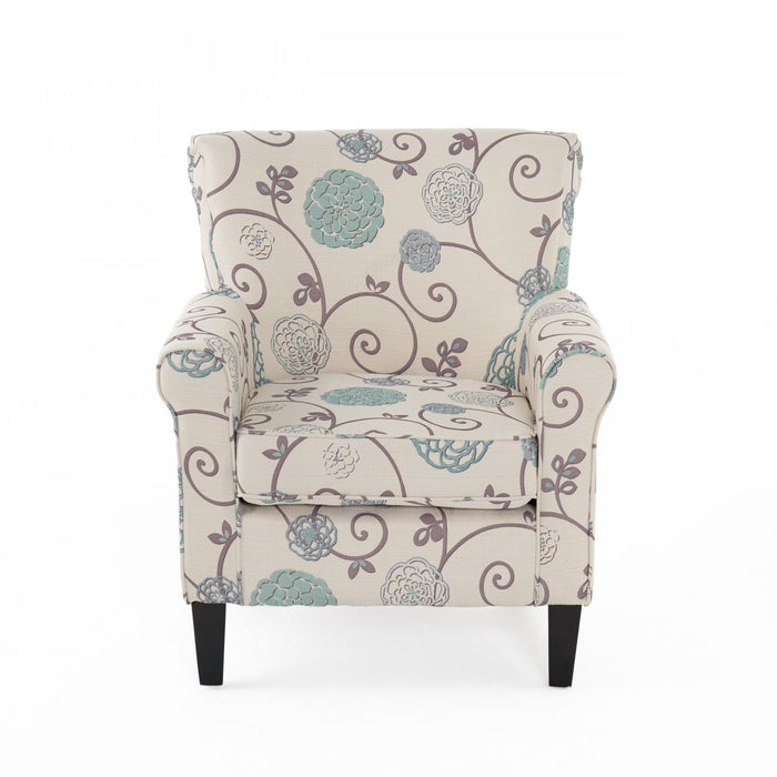 Catherine Linen-look Fabric Accent Chair With Wood Legs - White and Blue