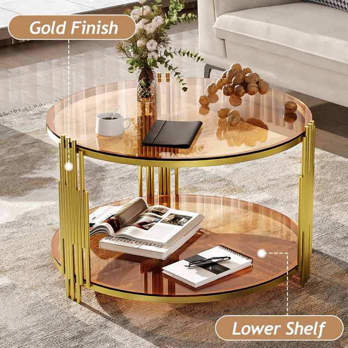 Jonas 31.5\" Round Tempered Glass Coffee Table With Lower Shelf, Brown