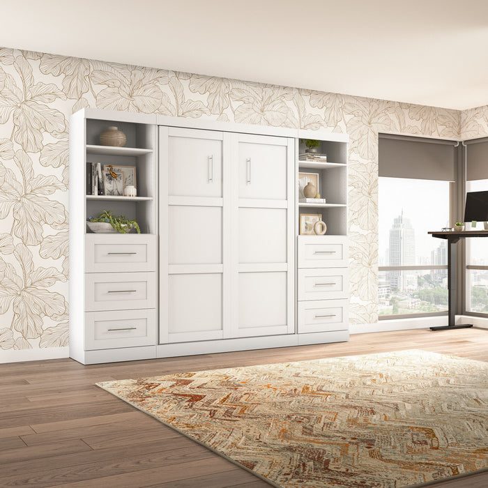 Bestar Pur Full Murphy Bed and Two Shelving Units with Drawers 109-Inch Wall Bed - White