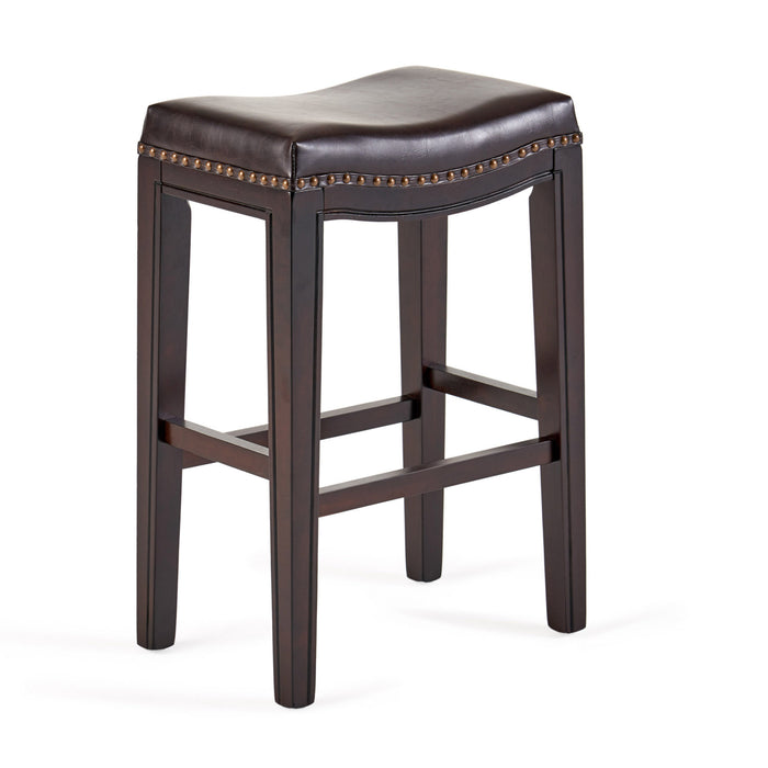 Tiffin Counter Stools Set Of 2, Saddle Seat With Studded Trim, Vegan Leather - Brown