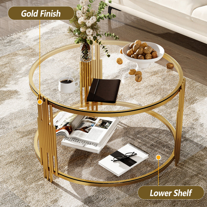 Jonas 31.5\" Round Tempered Glass Coffee Table With Lower Shelf, Transparent