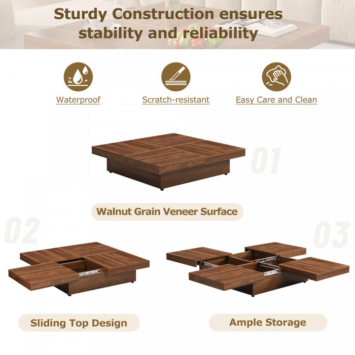 Jack 39.4\" Square Engineered Wood Coffee Table With Sliding Top Storage, Walnut