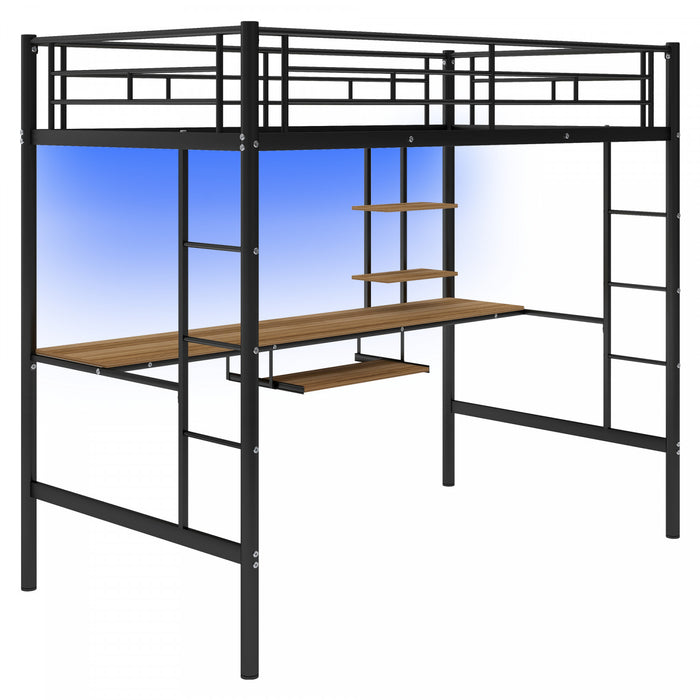 Andy Twin Loft Space-saving Metal Bed With Desk And Led Light, Black
