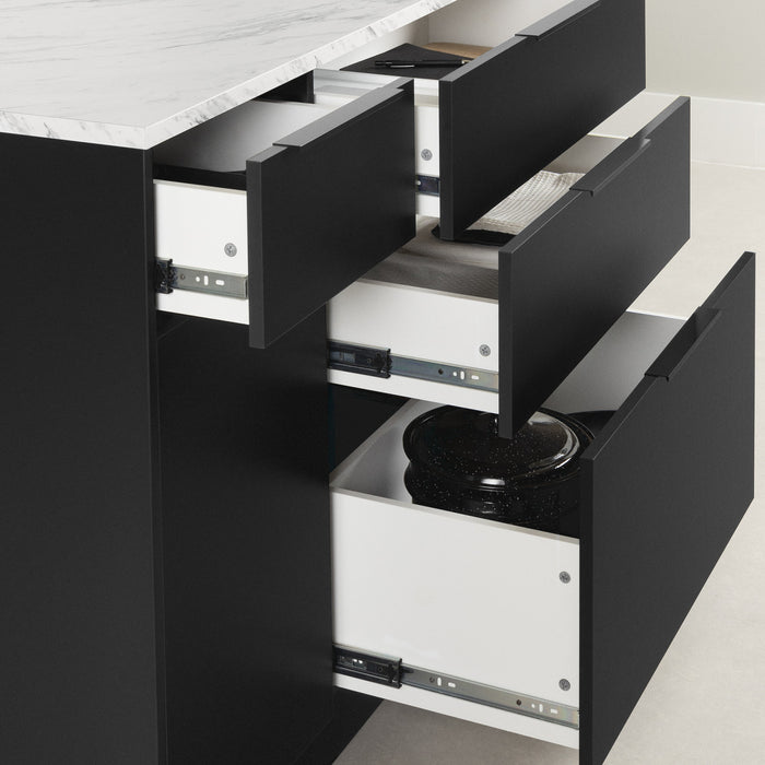 Olio Kitchen Island With Door And Drawers - Matte Black And Faux White Marble
