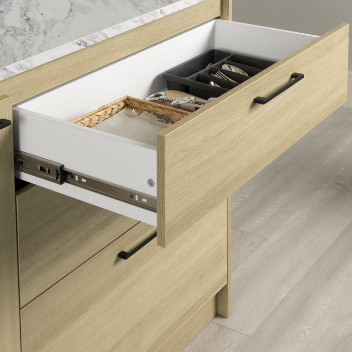 Myro Kitchen Island With Door And Drawers - Faux White Marble And Blonde Oak
