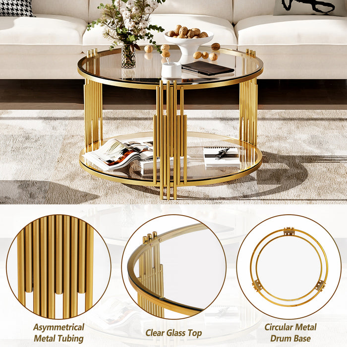 Jonas 31.5\" Round Tempered Glass Coffee Table With Lower Shelf, Transparent