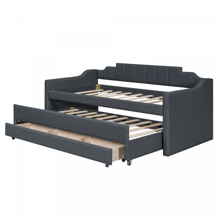 Hogan Linen-look Fabric Upholstered Daybed With Trundle And Storage Drawers, Twin Size, Grey