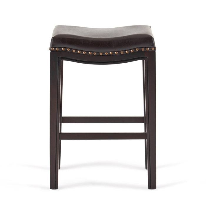 Tiffin Counter Stools Set Of 2, Saddle Seat With Studded Trim, Vegan Leather - Brown