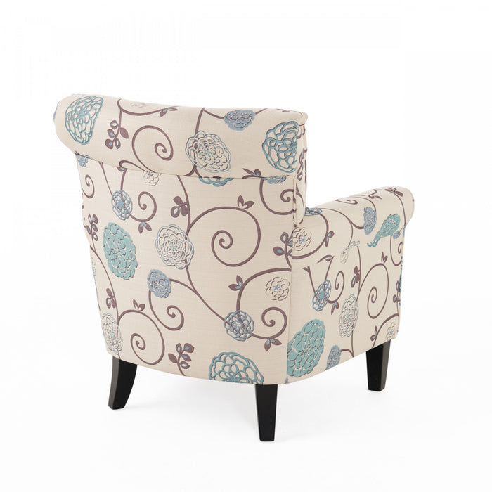 Catherine Linen-look Fabric Accent Chair With Wood Legs - White and Blue
