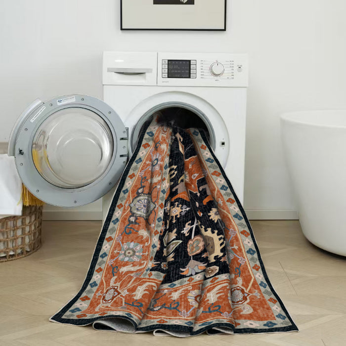 Aqua Black Star Washable Non-slip Low Pile Area Rug 5'x7'