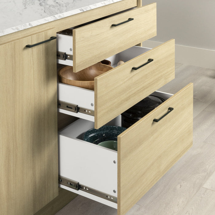 Myro Kitchen Island With Door And Drawers - Faux White Marble And Blonde Oak