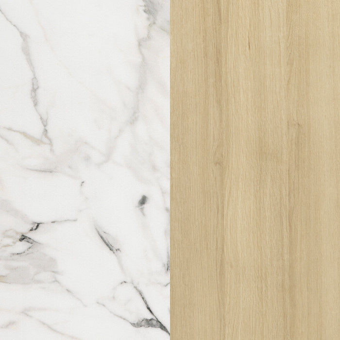 Myro Kitchen Island With Door And Drawers - Faux White Marble And Blonde Oak