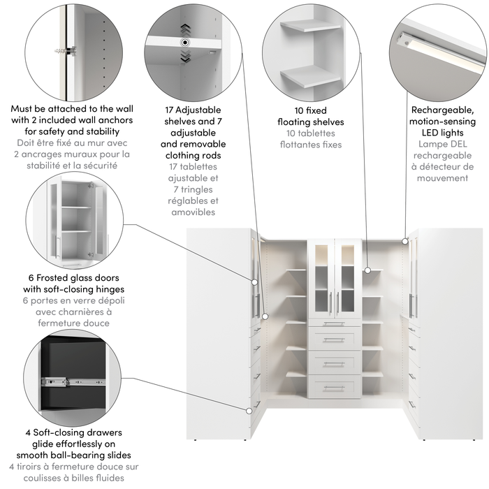 Bestar Florence 113\" Modular U-Shaped Walk-In Closet System with LED Lights, Rods, Shelves, Drawers and Doors Shaker Style - White