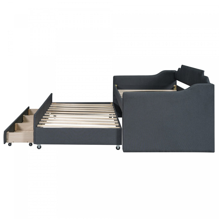 Hogan Linen-look Fabric Upholstered Daybed With Trundle And Storage Drawers, Twin Size, Grey