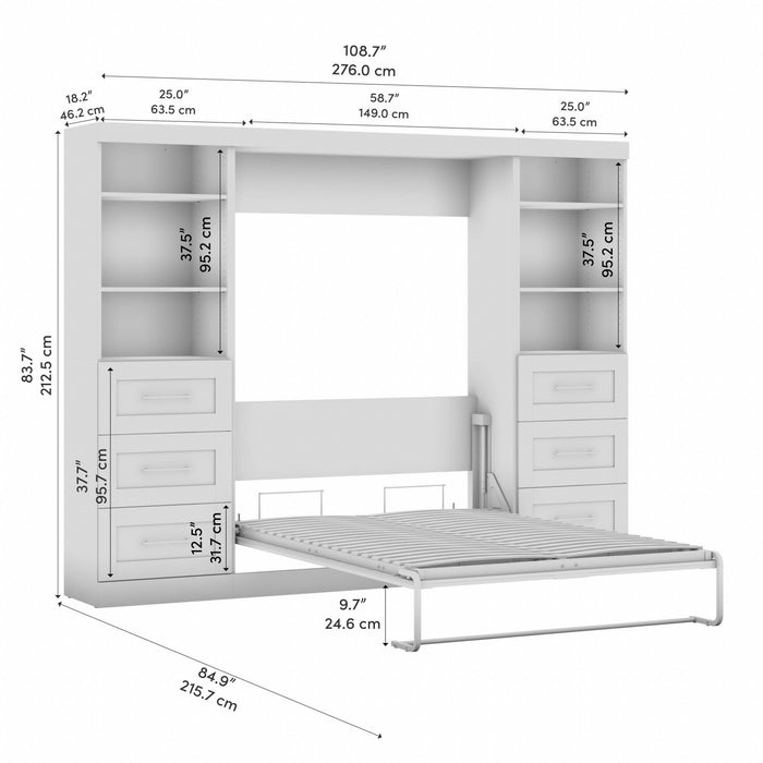Bestar Pur Full Murphy Bed and Two Shelving Units with Drawers 109-Inch Wall Bed - White