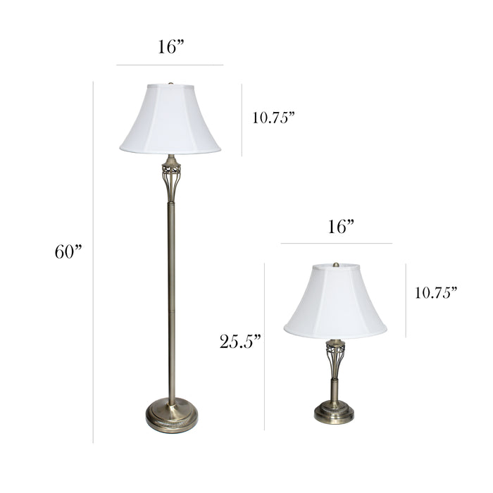 Elegant Designs 3-Piece Two Table Lamp and One Floor Lamp Set - Antique Brass