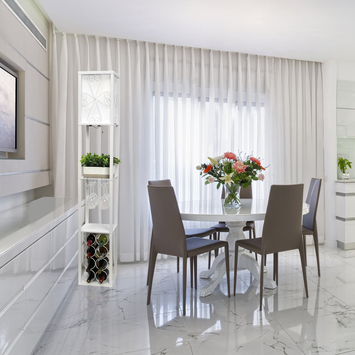 Simple Designs Floor Lamp with Shelf and Wine Rack - White