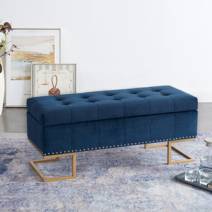 Imperial Tufted Double Ottoman with Studs and Gold Base Navy Benches