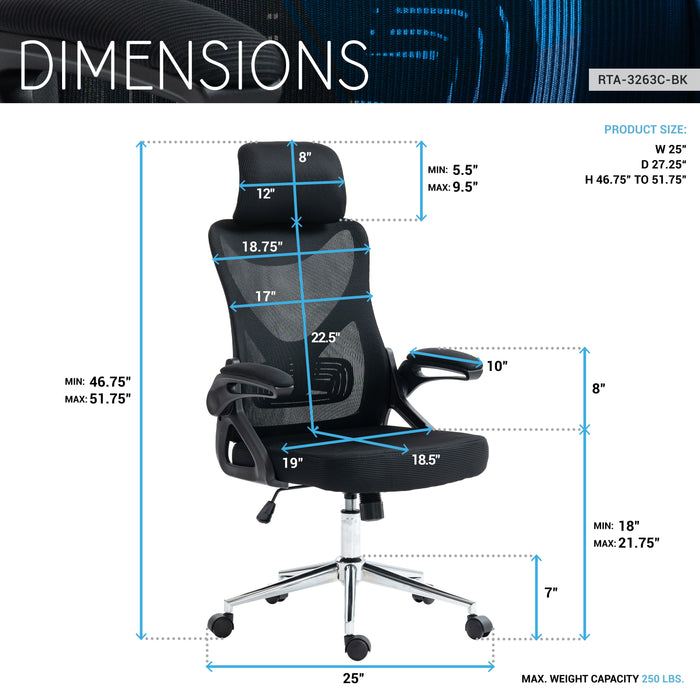 Techni Mobili Essential Ergonomic Office Chair with Headrest and Lumbar Support - Black