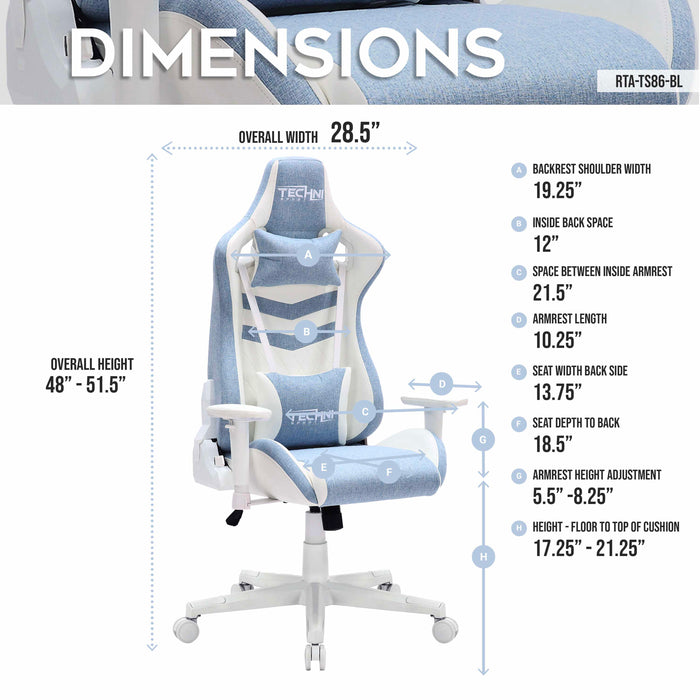Techni Sport TS86 Ergonomic Pastel Office Gaming Chair - Blue