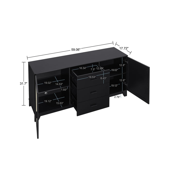 Manhattan Comfort Sheridan 59.05” Modern Cane Sideboard with Adjustable Shelves - Black