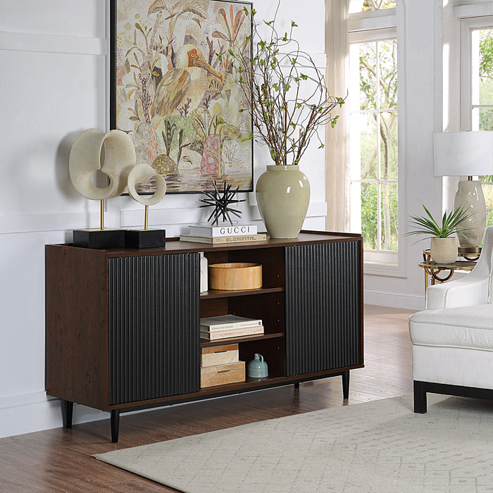 Manhattan Comfort Duane 59.05” Modern Ribbed Sideboard with Adjustable Shelves - Dark Brown & Black
