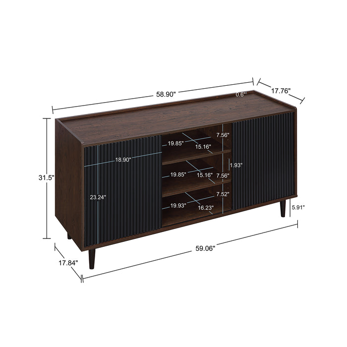 Manhattan Comfort Duane 59.05” Modern Ribbed Sideboard with Adjustable Shelves - Dark Brown & Black