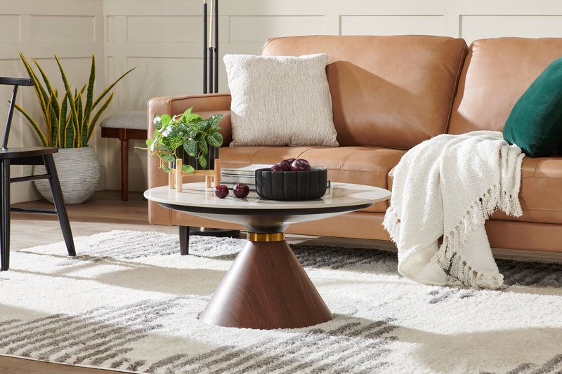 Alwin 31.5” Modern Round Coffee Table with White Sintered Stone Top - Brown