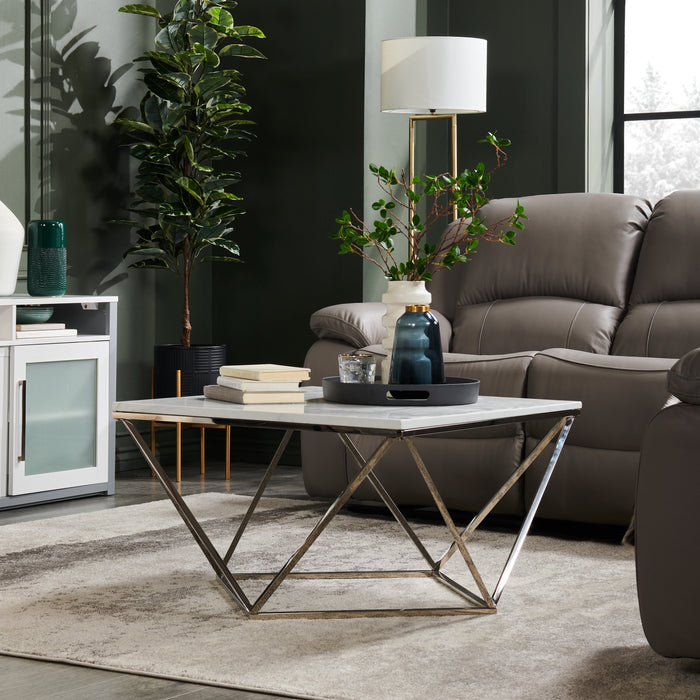 Amanda 31.5\" Modern Square Coffee Table - White Marble Top with Chrome Metal Base