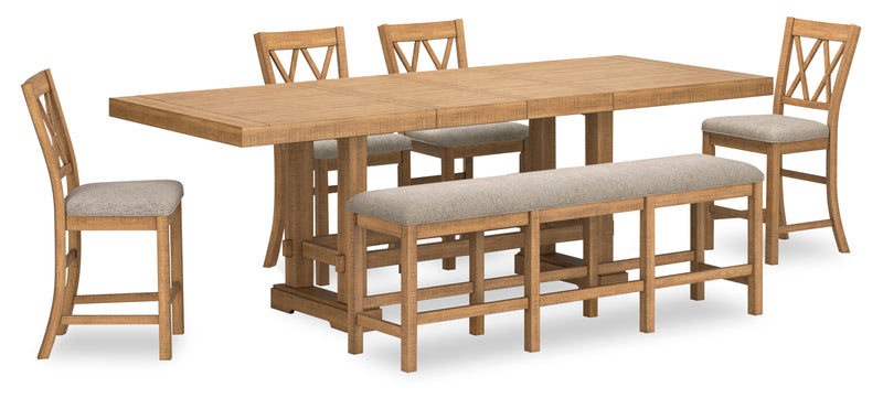 Archer 6pc Counter-Height Dining Package with 72-108\" Extension Table, Bench & 4 Chairs - Light Brown