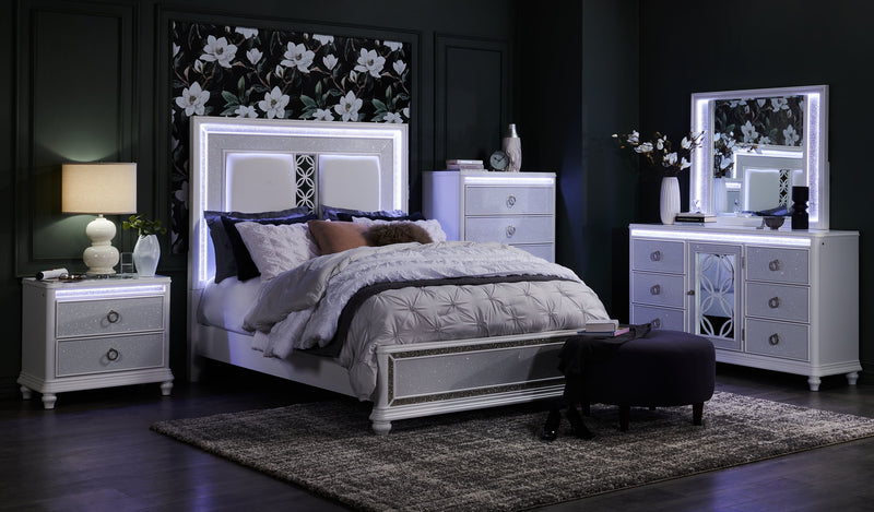 Ava Bedside 2-Drawer Nightstand with LED Light, 32.5\"W x 28\"H, Glam - White
