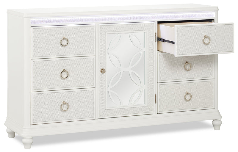Ava Bedroom 7-Drawer Dresser with LED Light, 67\"W x 39\"H, Glam - White
