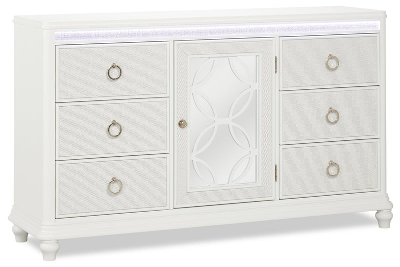 Ava Bedroom 7-Drawer Dresser with LED Light, 67\"W x 39\"H, Glam - White
