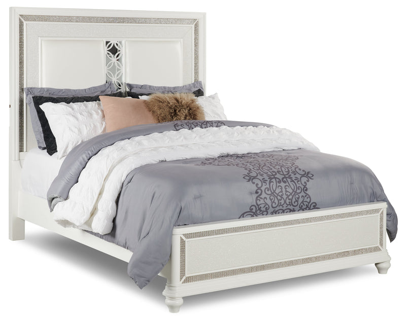 Ava Panel Bed with Headboard & Frame, LED, Glam, White - Queen Size