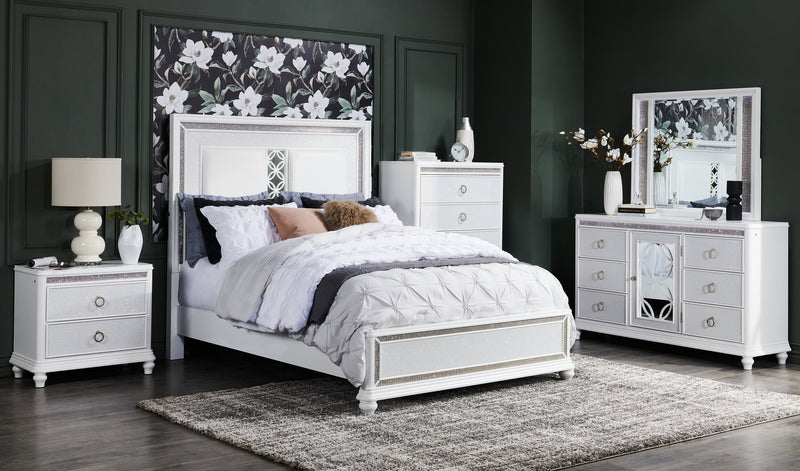 Ava Panel Bed with Headboard & Frame, LED, Glam, White - Queen Size