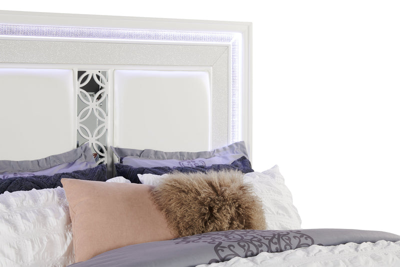 Ava Panel Bed with Headboard & Frame, LED, Glam, White - Queen Size