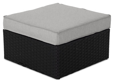 Barbados Outdoor Patio Ottoman - Hand-Woven Resin Wicker, UV & Weather Resistant - Black/Grey | Pouf Barbados pour la terrasse à l’extérieur - osier en résine tressé à la main, résistant aux rayons UV et aux intempéries - noir et gris