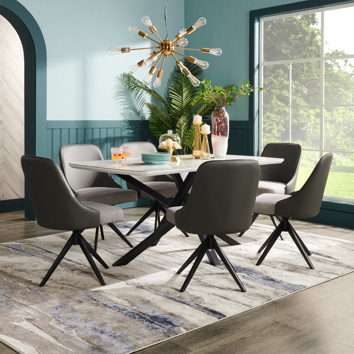 Bari 7pc Dining Set with Table & 6 Grey Swivel Chairs, Marble-Look Ceramic Top, Metal, 63\"W