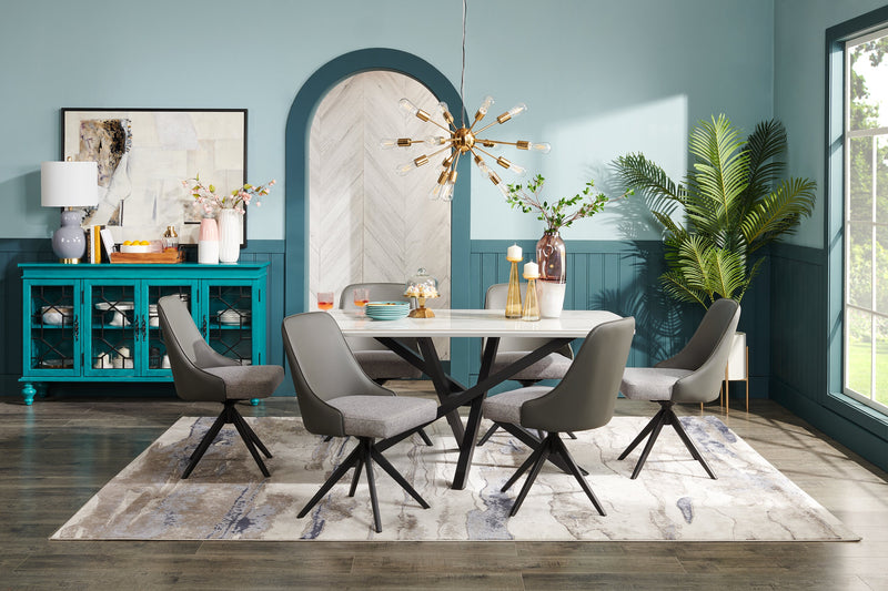 Bari 7pc Dining Set with Table & 6 Grey Swivel Chairs, Marble-Look Ceramic Top, Metal, 63\"W
